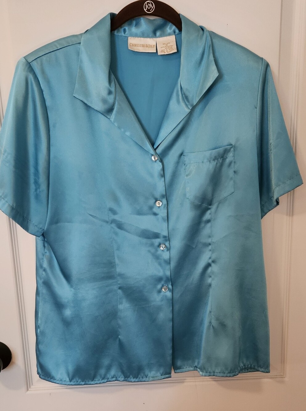 Vintage Christine & Jill Light Teal Satin Button-Up Blouse- Size 14. L/XL